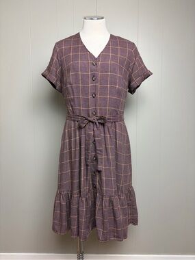 Gal Meets Glam Plaid Button Front Tie Waist Midi Dress US 12 Lined